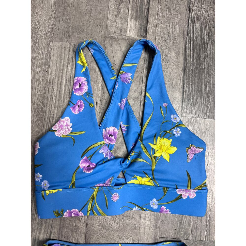 Fabletics Blue Floral Workout Set Sports Bra High Rise Leggings Matching Gym Set - Picture 3 of 10